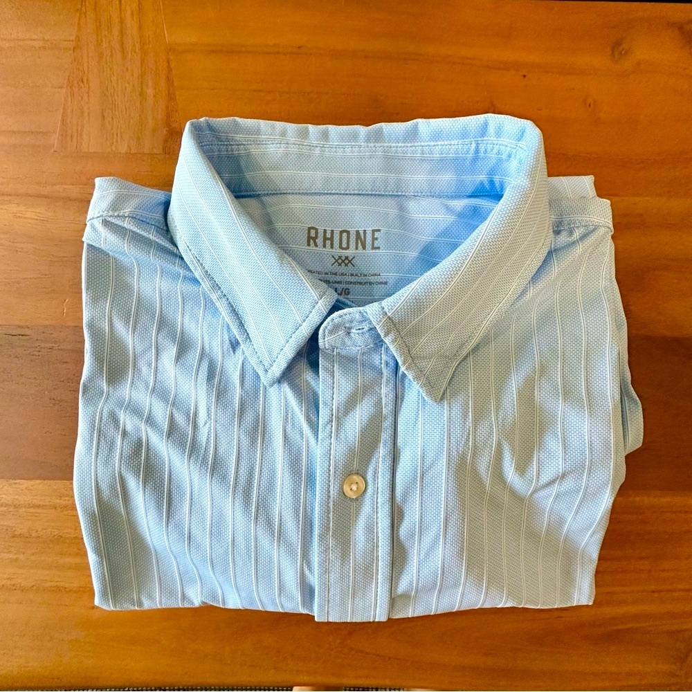 S O L D  > Rhone Men's Lg L/S Sky Blue Pinstripe Travel,